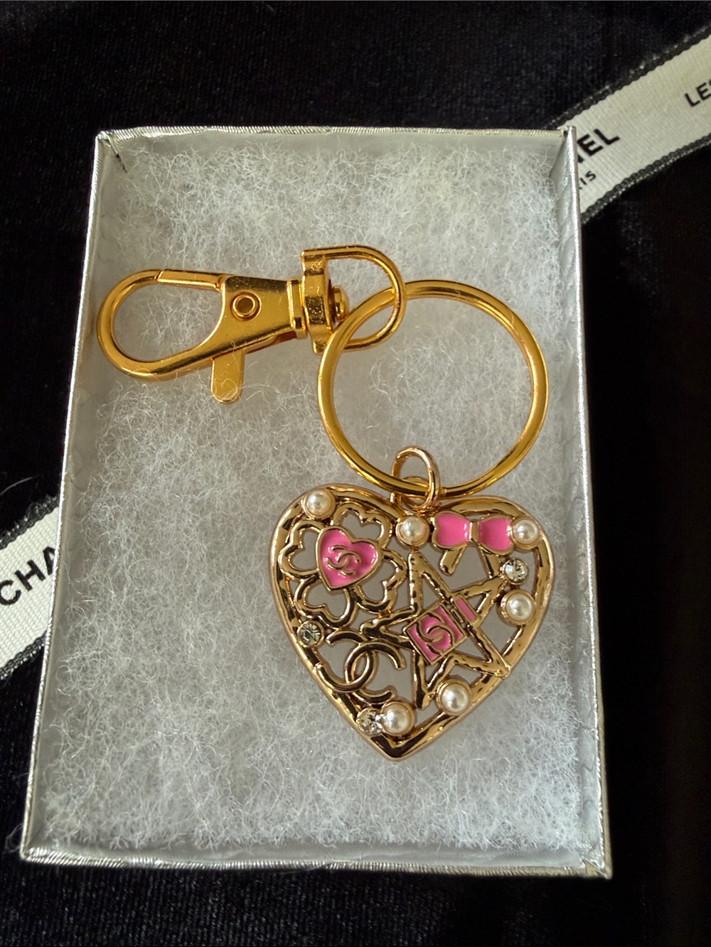 Gold-Tone Heart Keyring with Pink Enamel Accents